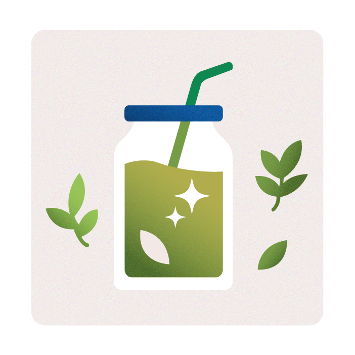 ジュース入りの緑茶と葉のイラスト